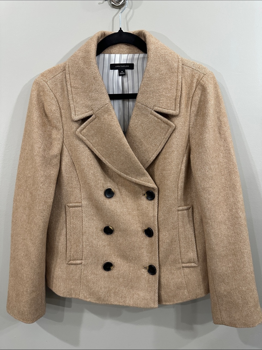 Ann Taylor Beige Double-Breasted Wool-Blend Peacoat, Size M